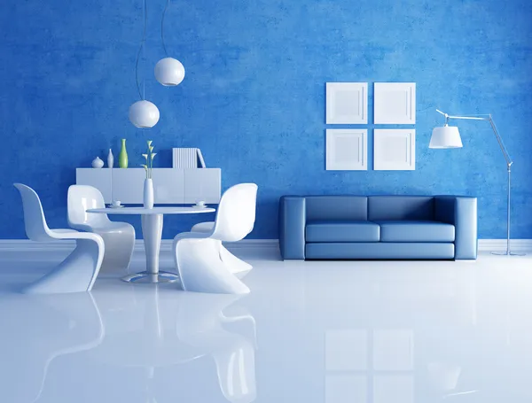 Sala Jantar Moderna Com Sofá Azul Renderização — Fotografia de Stock