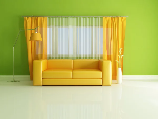 Minimalistisk Gröna Och Orange Vardagsrum Rendering — Stockfoto