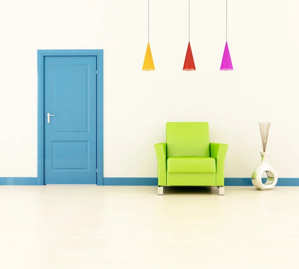 stock image Bright home entrance with blue door and green leather armchair -rendering