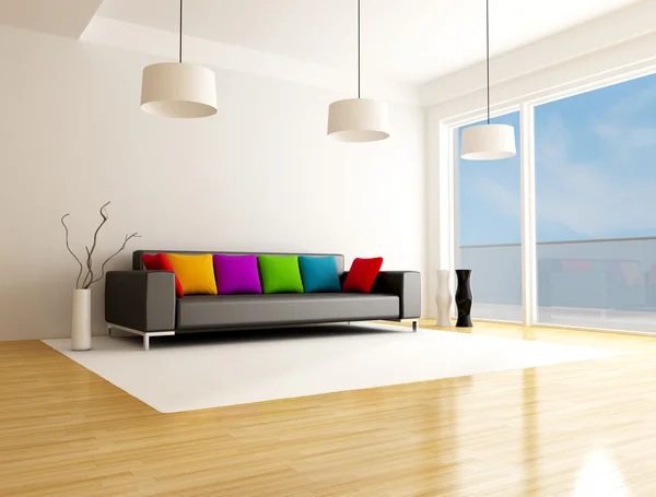 Black Sofa Colored Cushion Minimalist Lounge Sky Back Ground Photo — Stock Photo, Image