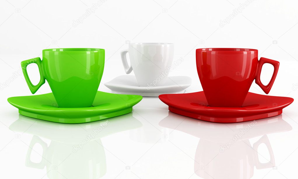 Three cups of coffee with the colors of the Italian flag - rendering