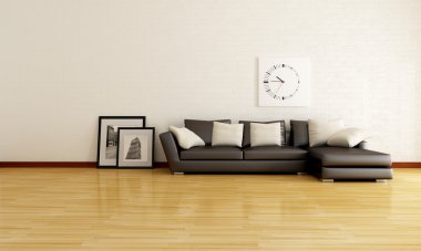 Minimalist lounge with white brick wall and brown sofa - rendering- the picture in the frame are my photo clipart