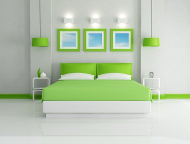 Modern bright green bedroom - rendering - the art pictures on wall are my photo clipart