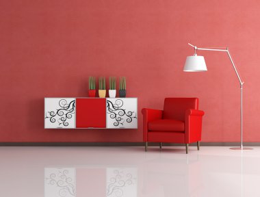 Red armchair and decorated cabinet in front a stucco wall - rendering clipart