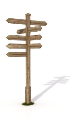 Old wooden road sign post isolated on white - rendering clipart