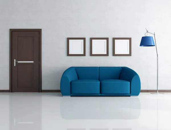 Sofá Azul Sala Estar Com Porta Moldura Madeira Renderização — Fotografia de Stock