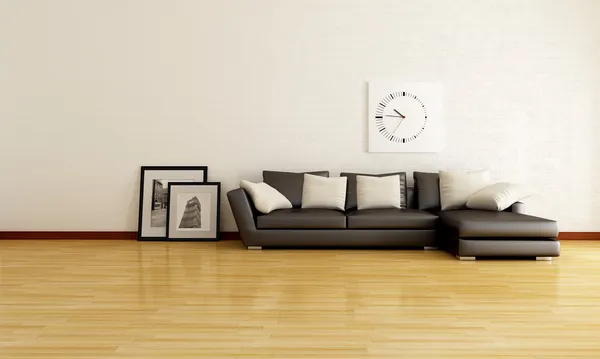 简约休闲白色砖墙与棕色沙发 在框架中的图片是我的照片 — 图库照片