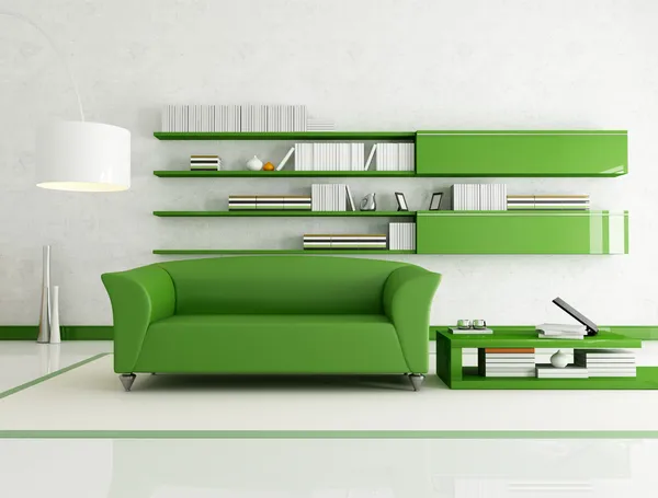 Salón Contemporáneo Con Sofá Verde Moda Renderizado —  Fotos de Stock