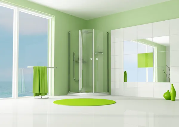 Banheiro Moderno Verde Com Chuveiro Cabine Renderização — Fotografia de Stock