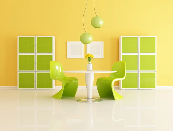 Luminosa Sala Pranzo Contemporanea Arancione Verde Rendering — Foto Stock