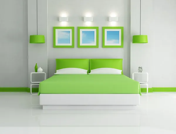 现代明亮绿色卧室 艺术图片墙有我的照片 — 图库照片