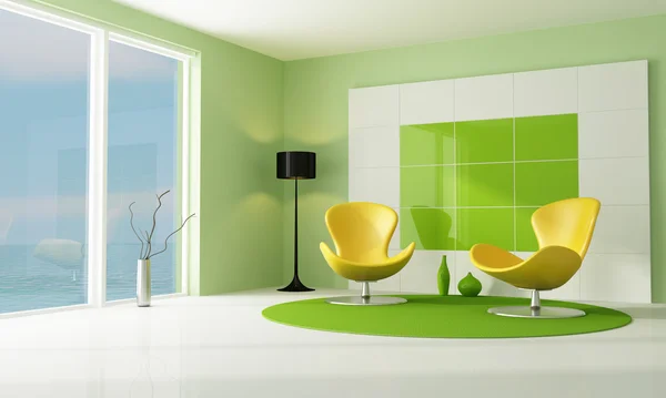 Sala Estar Verde Branca Contemporânea Com Duas Poltronas Renderização — Fotografia de Stock