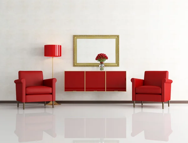 Zwei Rote Moderne Sessel Einem Modernen Wohnzimmer Mit Altem Spiegel — Stockfoto