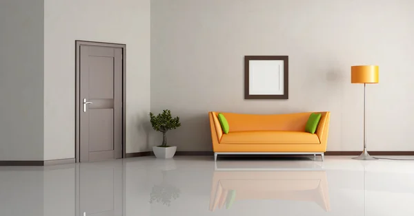 モダンなリビング ルーム オレンジ色のソファ 木製のドア レンダリング — ストック写真
