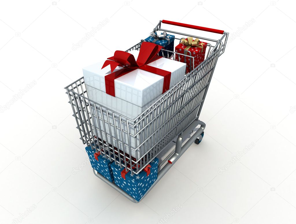Shopping cart with christmas box - digital artwork