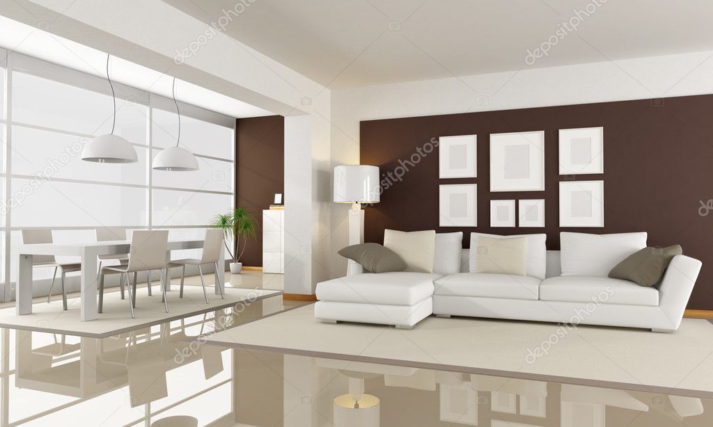 Modern living room with dining space - rendering