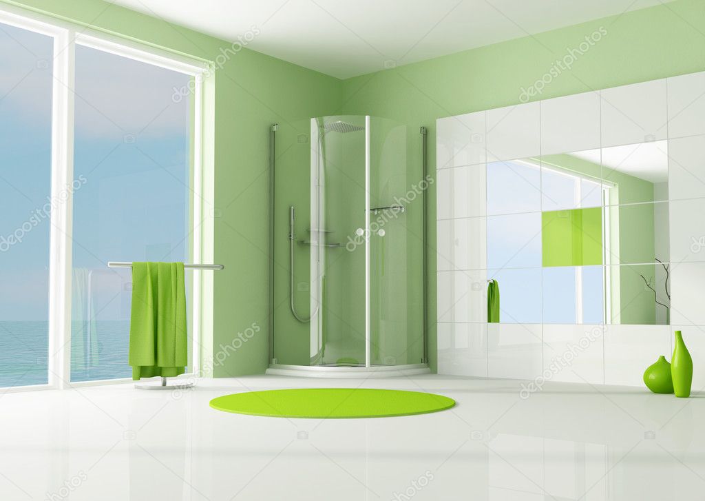 Green modern bathroom with cabin shower - rendering