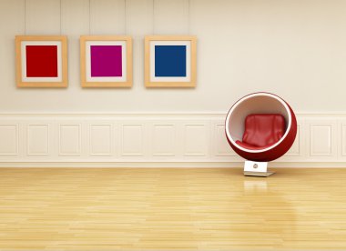 Ball chair in a classic interior with colored empty frame - rendering clipart
