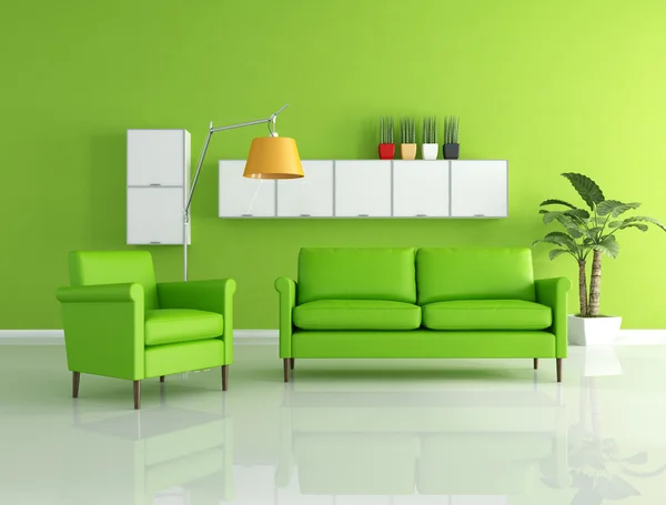 绿色的沙发和扶手椅在现代的客厅里 — 图库照片