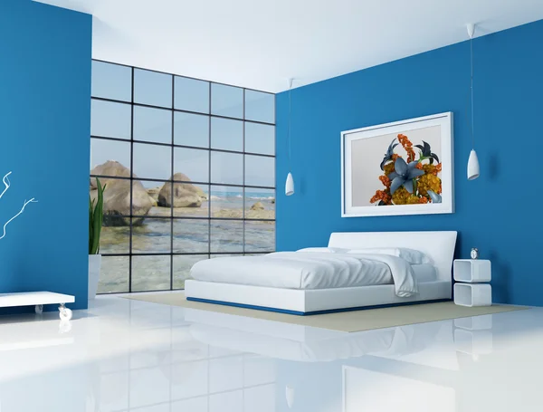 青いベッドルームの壁にアートの写真はビーチ ヴィラ レンダリング 私のレンダリングの組成の背景は 私の写真 — ストック写真