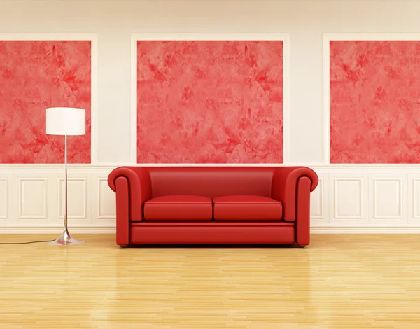 Rode Klassieke Bank Een Retro Interieur Met Witte Frame Configuratiescherm — Stockfoto