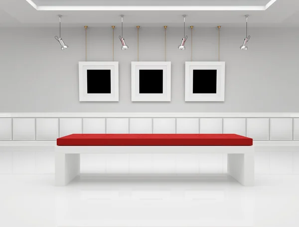 Galería Arte Moderno Con Marco Banco Blanco Renderizado —  Fotos de Stock