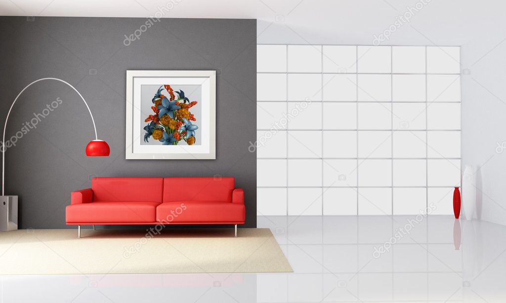 Minimalist interior with red couch and big windows - rendering - the art picture on wall is a my rendering composition