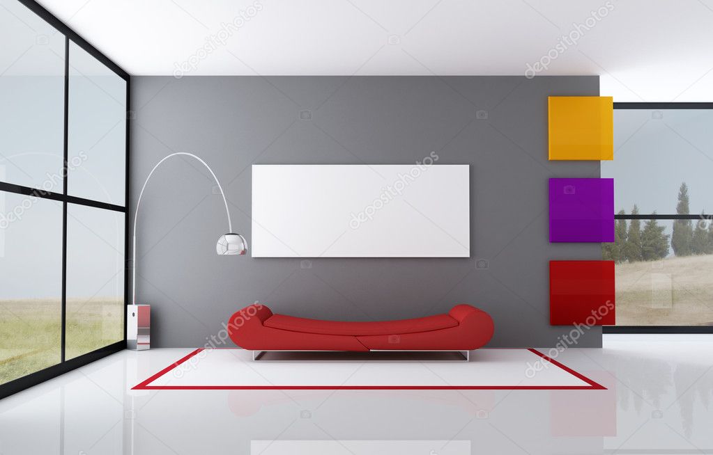 Red fashion couch in a minimalist interior - rendering- the image on background is a my photo