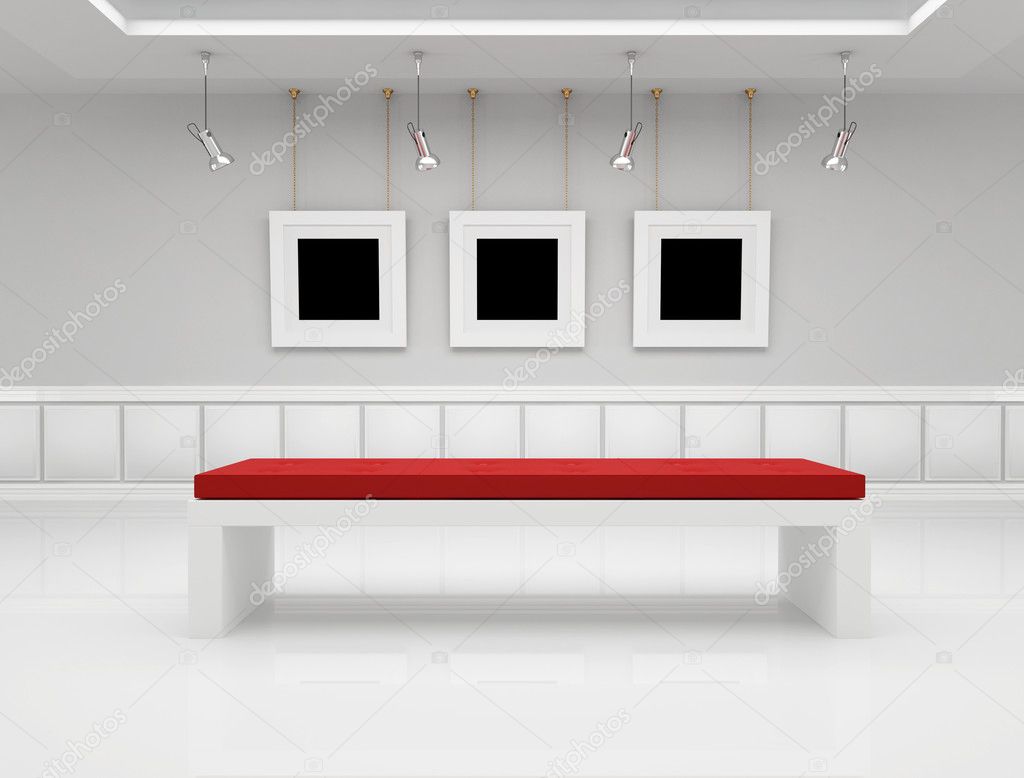 Modern art gallery with blank frame and bench - rendering