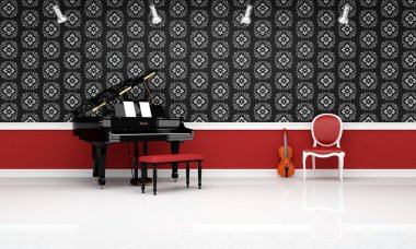 Grand- piano violin and red chair in a classic music room clipart