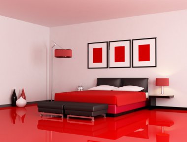 kırmızı zemin ve beyaz duvar - modern yatak odası render