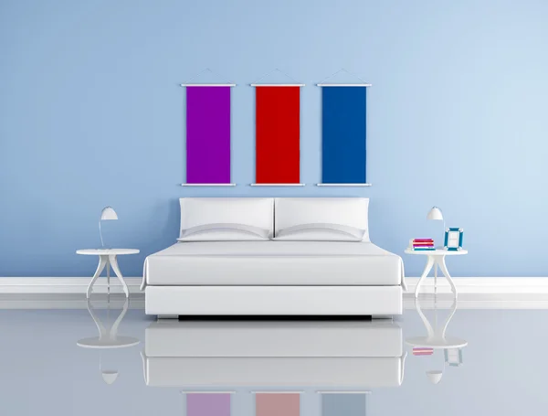Μινιμαλιστική Μπλε Κρεβατοκάμαρα Απλό Λευκό Κρεβάτι Διπλό Υπνοδωμάτιο Απόδοση — Φωτογραφία Αρχείου