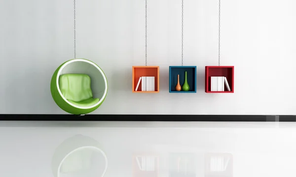 Bright Interior Green Ball Chair Shelves Supported Chains Rendering — Stock Photo, Image