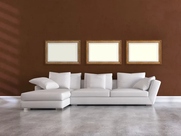 Sofá Elegante Branco Uma Sala Estar Marrom Minimalista Renderização — Fotografia de Stock