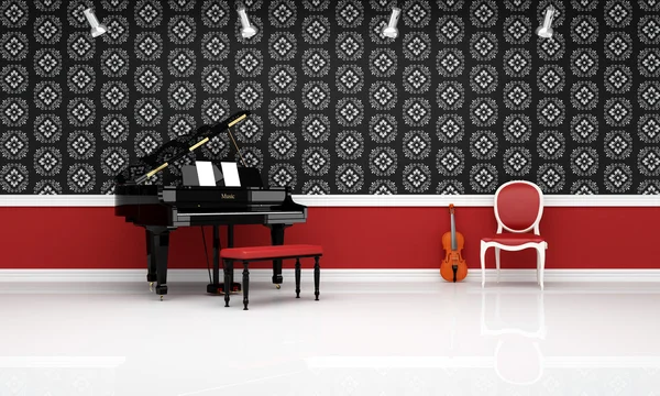 グランド ピアノ ヴァイオリンとクラシック音楽室で赤い椅子 — ストック写真