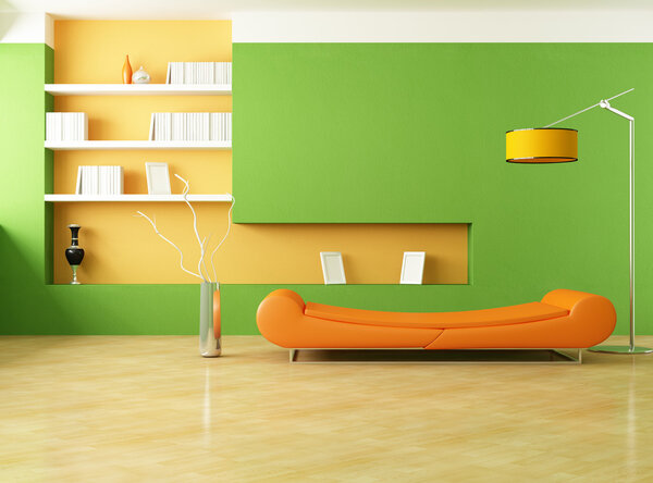 Modern couch in a green living room - rendering