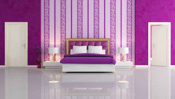 stock image Luxury purple bedroom with two white door - rendering