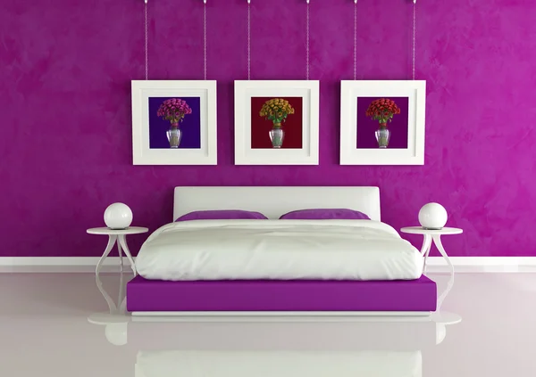 Фіолетова Сучасна Спальня Рамкою Кольоровими Трояндами Візуалізація Художня Картина Стіні — стокове фото