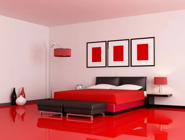 Kırmızı Zemin Beyaz Duvar Modern Yatak Odası Render — Stok fotoğraf