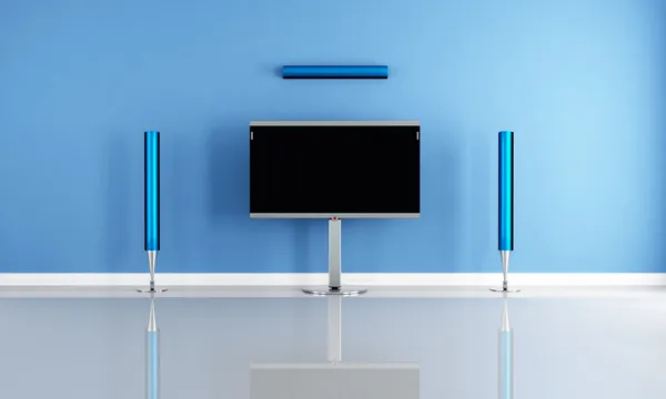 Minimalist Blue Home Theater White Futuristic Speaker Rendering — Stock Photo, Image