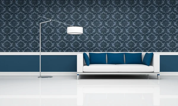 Классический интерьер с современным белым и синим диваном — стоковое фото