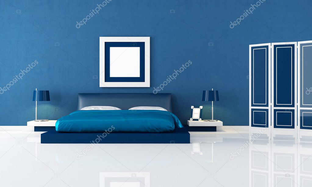 Contemporary blue bedroom with modern double bed and blue screen - rendering