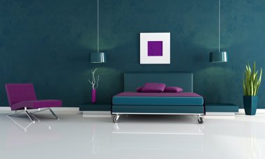 Modern blue bedroom wiyh double bed and chaise lounge clipart