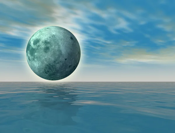 Virtuele Groene Maan Boven Oceaan Digitale Illustraties — Stockfoto