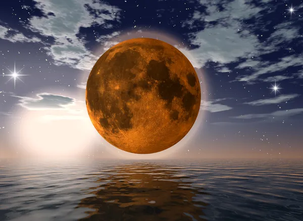 Luna Naranja Sobre Obra Arte Digital Oceánica —  Fotos de Stock