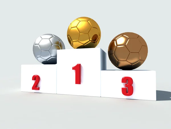 Trois Soccer Ball Sur Podium Blanc 3Drendering — Photo