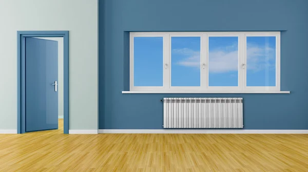 Mavi Modern Boş Oda Kapı Pencere Radyatör Render Arka Plan — Stok fotoğraf