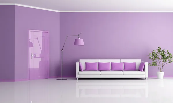 Minimalistisches Lilla Wohnzimmer Mit Tür Und Couch Rendering — Stockfoto