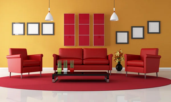 Δύο Κόκκινη Πολυθρόνα Και Καναπέ Που Ζουν Ένα Σύγχρονο Δωμάτιο — Φωτογραφία Αρχείου