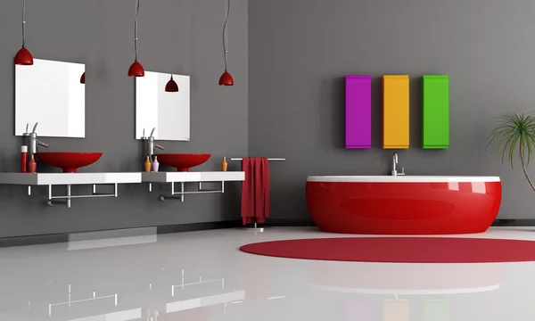 Moderno Baño Negro Rojo Con Lavabo Bañera — Foto de Stock
